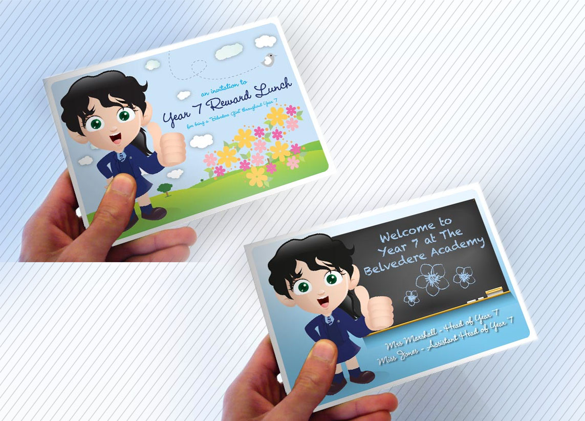 Belvedere Academy Postcard designs with characters